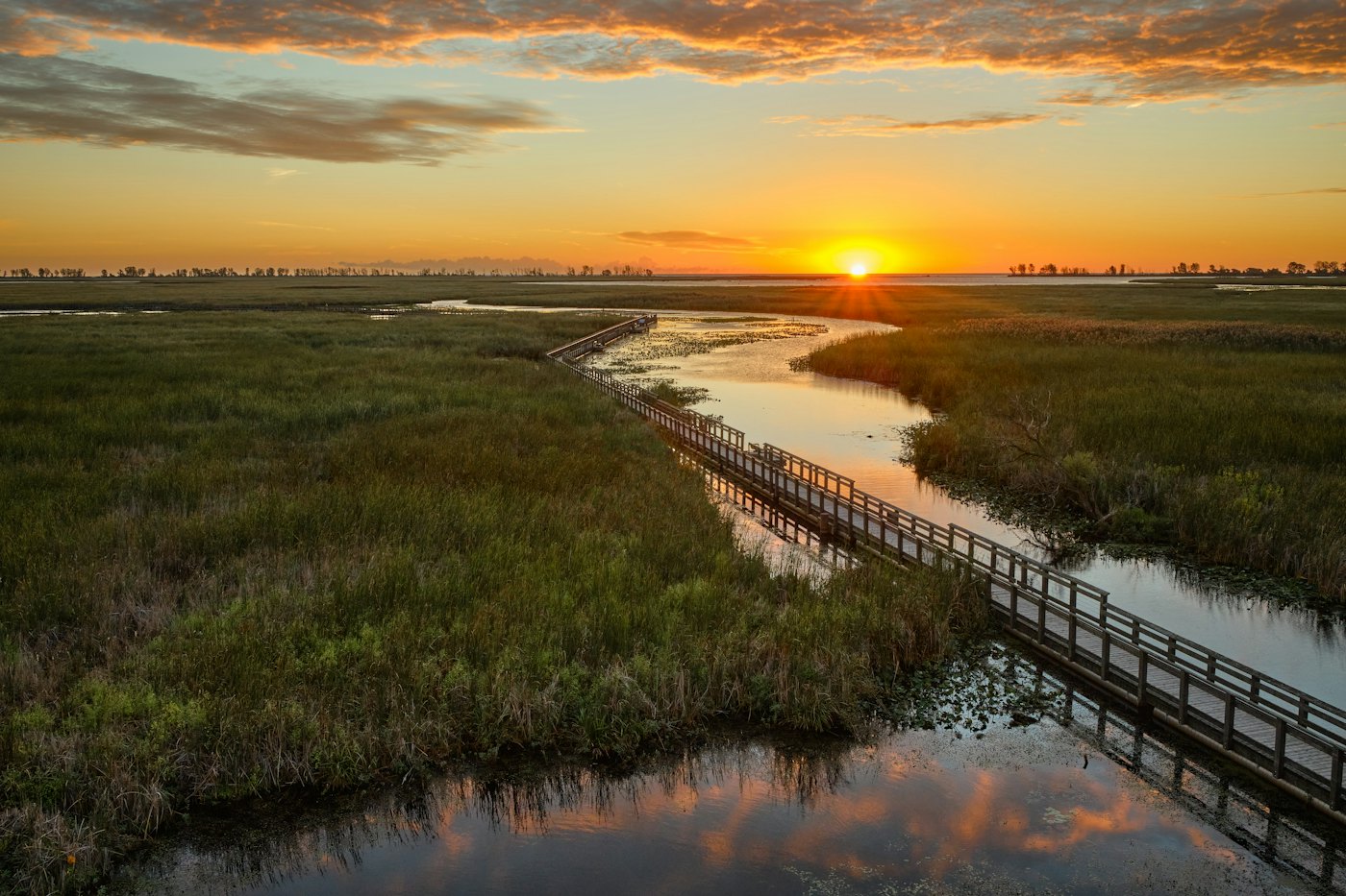 A path leading forward toward the horizon at sunrise